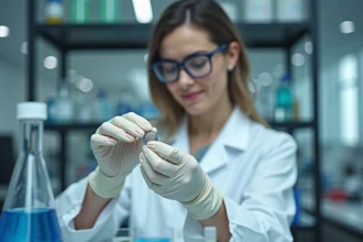 Scientifique en laboratoire analysant une perle de céramique pour le traitement de l'eau