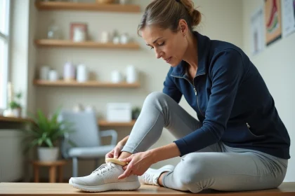 Femme insérant une semelle orthopédique pour épine calcanéenne dans sa chaussure de sport dans une clinique de kinésithérapie