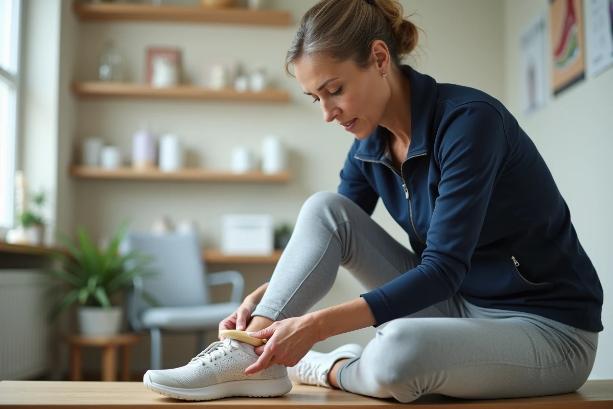 Femme insérant une semelle orthopédique pour épine calcanéenne dans sa chaussure de sport dans une clinique de kinésithérapie