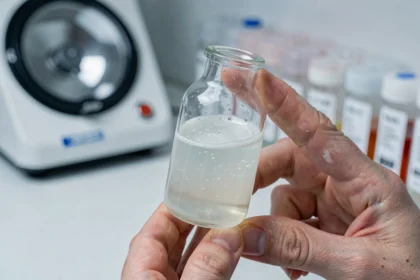 Vial de sérum sanguin opalescent tenu par une scientifique en laboratoire clinique, illustrant la lipémie post-prandiale