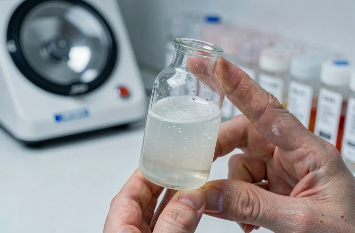 Vial de sérum sanguin opalescent tenu par une scientifique en laboratoire clinique, illustrant la lipémie post-prandiale