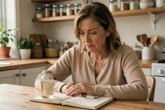 Femme d'âge mûr examinant avec prudence un flacon de silicium organique G5 posé sur une table de cuisine, illustrant les profils à risque et la nécessité de vigilance