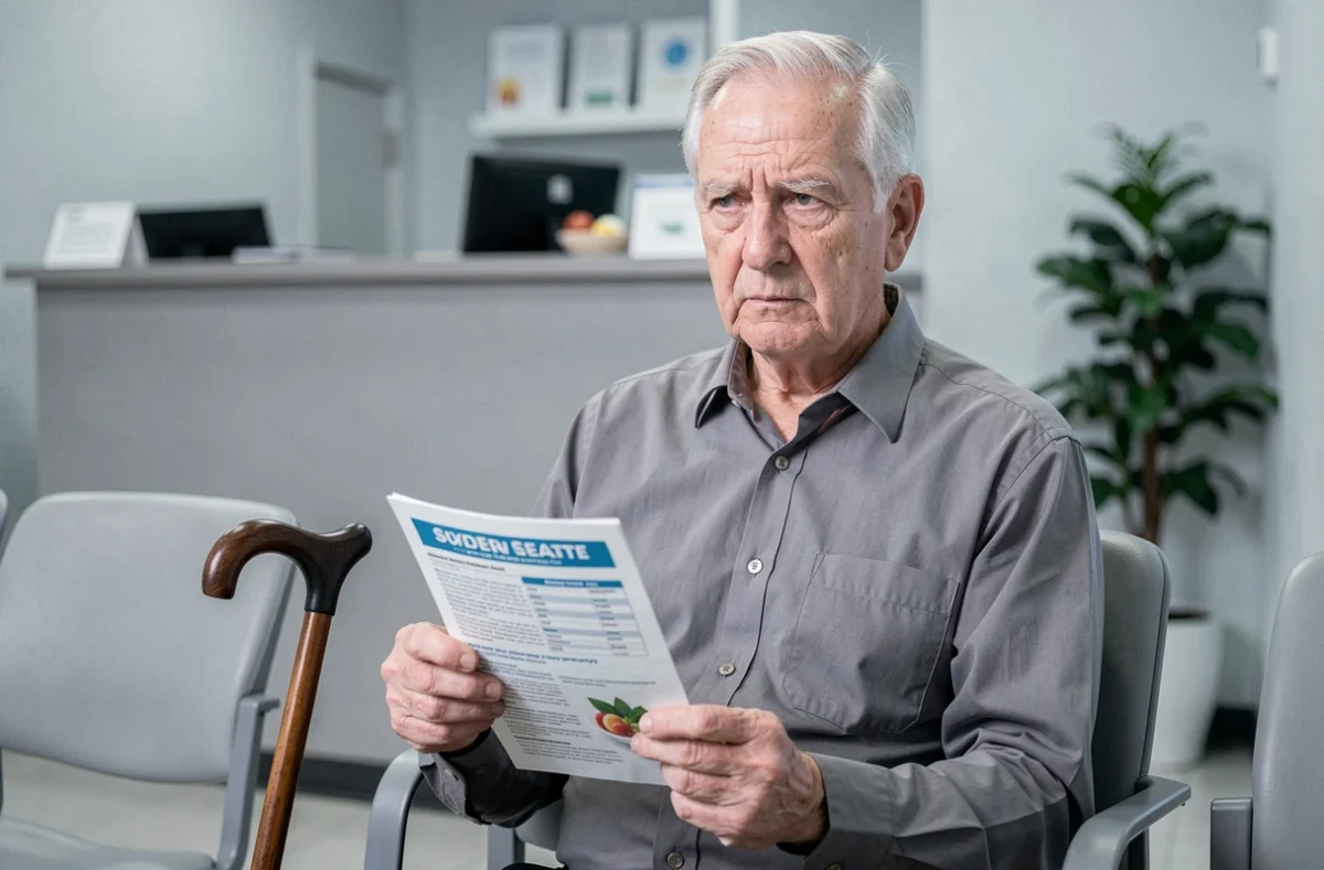 Homme âgé en salle d'attente médicale tenant une notice sur les compléments alimentaires, représentant les populations à risque devant éviter le silicium organique G5 sans avis médical