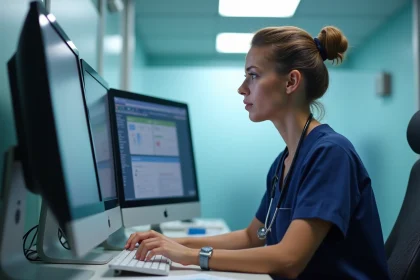 Infirmi&egrave;re en blouse navy utilisant un ordinateur s&eacute;curis&eacute; dans un h&ocirc;pital