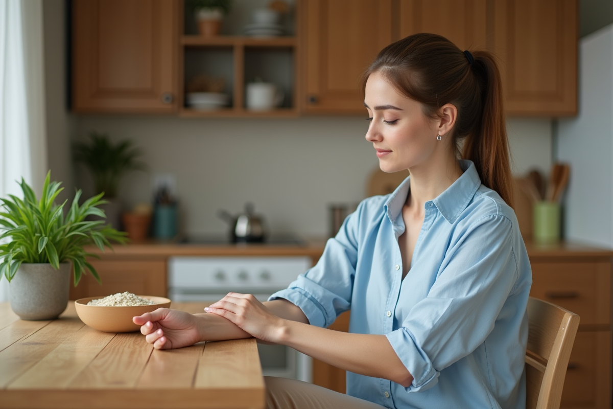 Femme appliquant une creme naturelle dans un cadre cosy