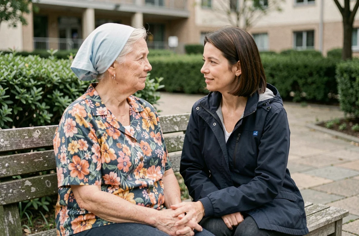 Patiente en rémission et proche partageant un moment de soutien dans le jardin d'un hôpital, évoquant le suivi après un cancer