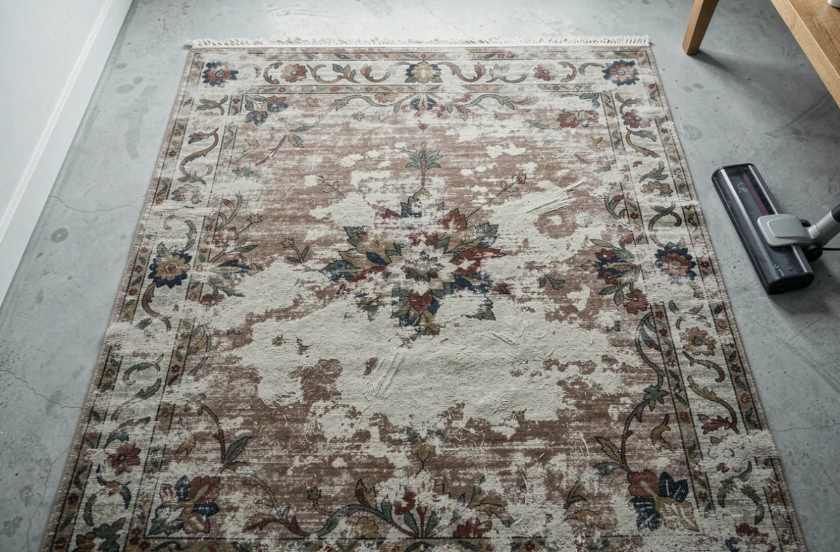 Gros plan sur un tapis champ des fleurs usé et décoloré au centre à cause d'un entretien incorrect et d'un passage intensif