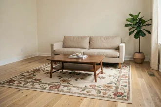 Tapis champ des fleurs mal positionné sous un canapé dans un salon moderne, illustrant une erreur fréquente de placement de tapis