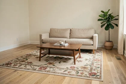 Tapis champ des fleurs mal positionné sous un canapé dans un salon moderne, illustrant une erreur fréquente de placement de tapis