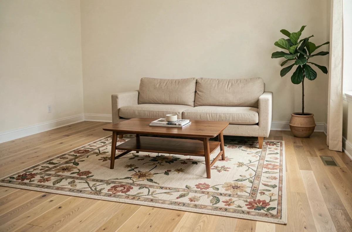 Tapis champ des fleurs mal positionné sous un canapé dans un salon moderne, illustrant une erreur fréquente de placement de tapis