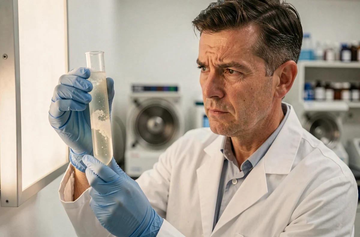 Technicien de laboratoire analysant un sérum lipémique opalescent contre un panneau lumineux, laboratoire biomédical moderne