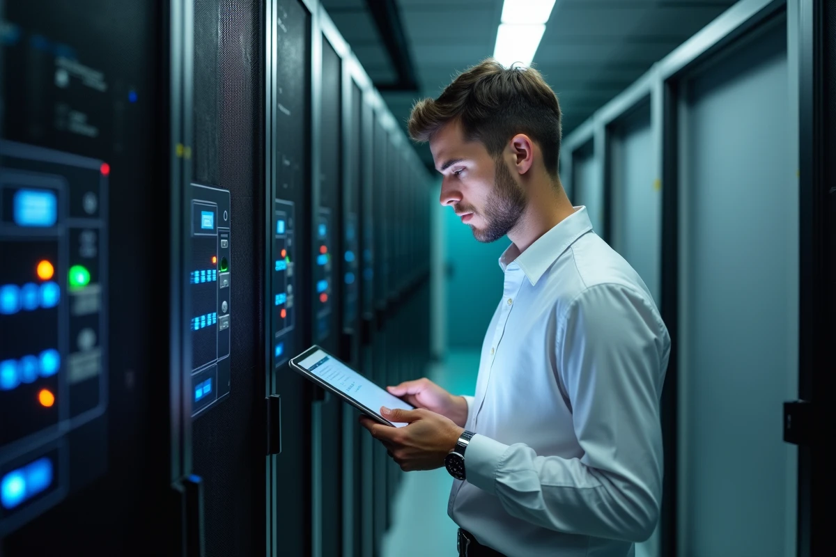 Technicien informatique v&eacute;rifiant un serveur dans un centre de donn&eacute;es hospitalier