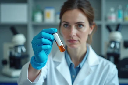 Technicienne de laboratoire examinant un flacon d'analyse d'urine ECBU en milieu clinique