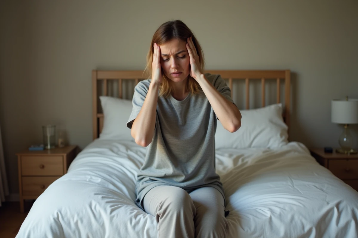 Femme assise sur le bord du lit avec une sensation de tête lourde et de vertige le matin