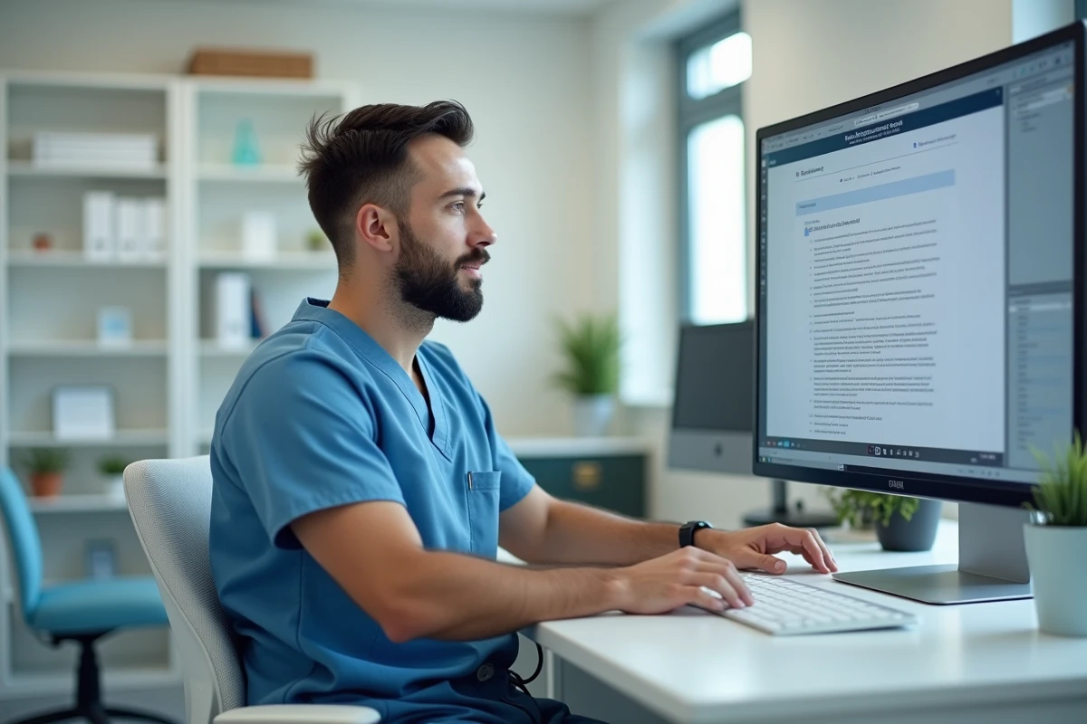 Jeune thérapeute physique examinant des dossiers numériques