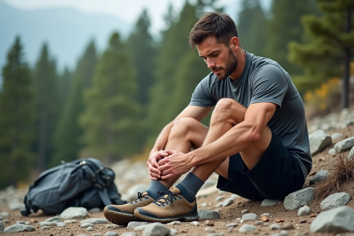 Coureur de trail pratiquant l'automassage réflexologie sur les points du pied après un effort en montagne