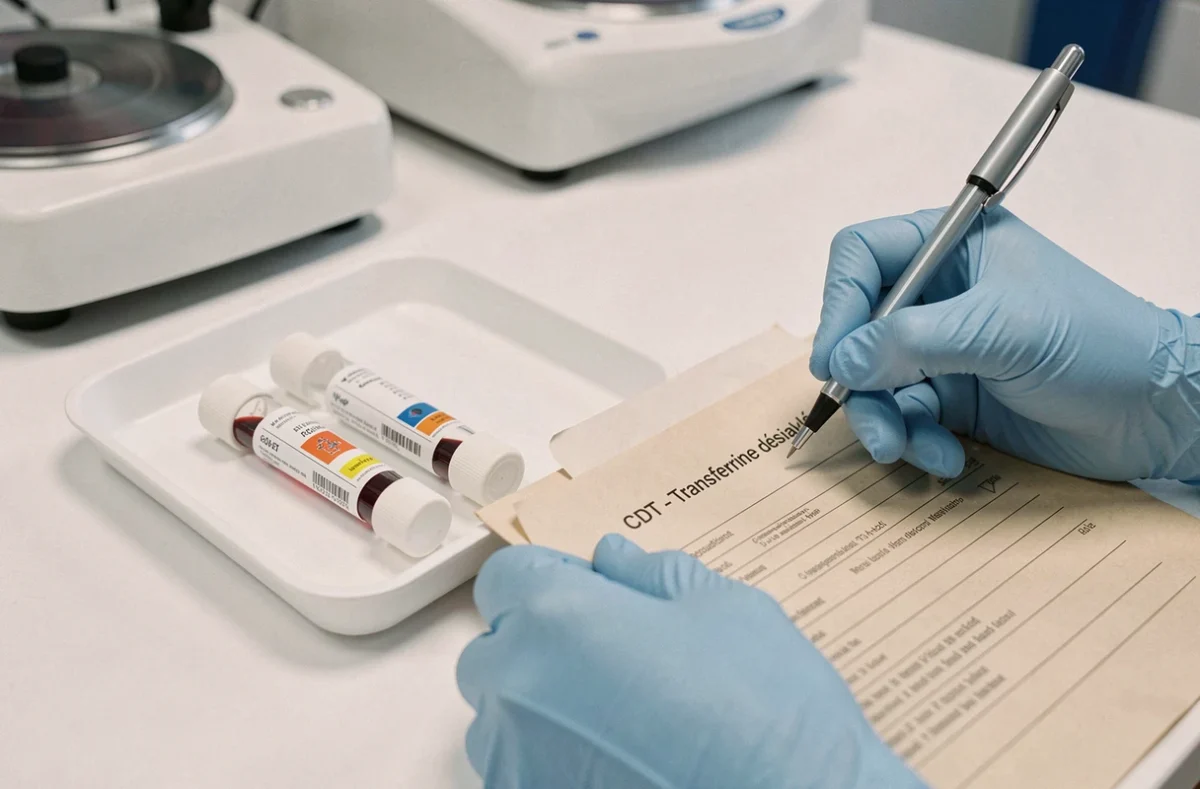 Tubes d'analyse sanguine CDT sur plateau médical avec formulaire de biologie clinique