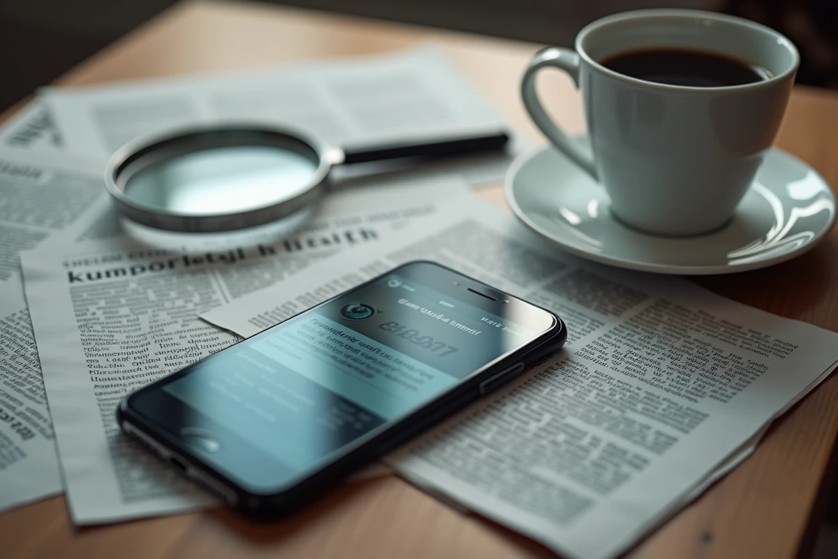 Vue de dessus d'une table avec coupures de presse, smartphone et loupe symbolisant la vérification des rumeurs et fausses informations sur la santé de personnalités
