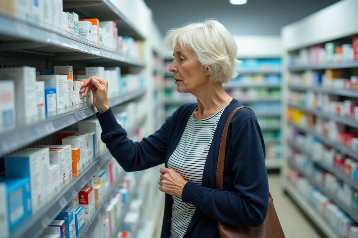 Femme en pharmacie cherchant un remède contre les vertiges et la sensation de tête lourde