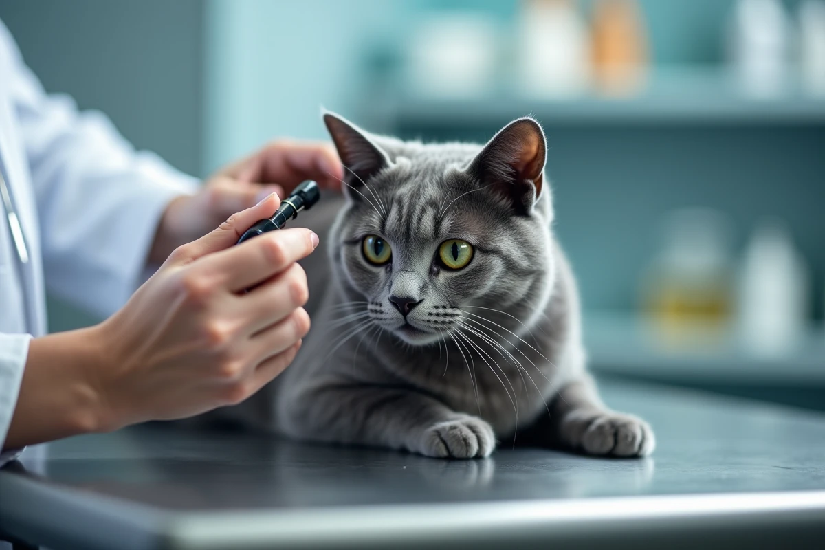 Vétérinaire examinant les pupilles dilatées d'un chat gris dans une clinique vétérinaire